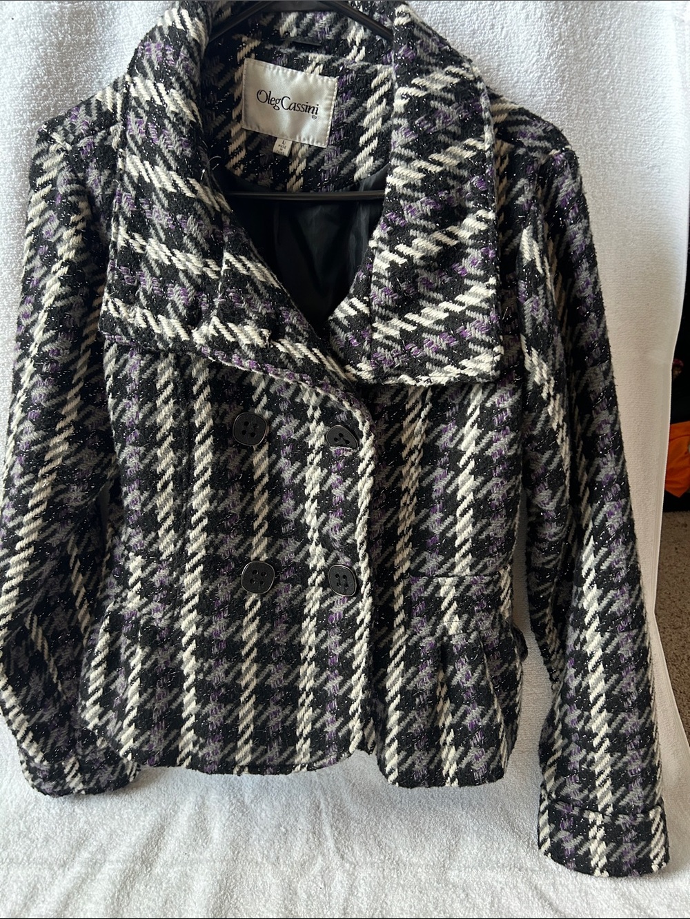 Oleg Cassini Black, White & Purple Plaid Double-Breasted Peacoat